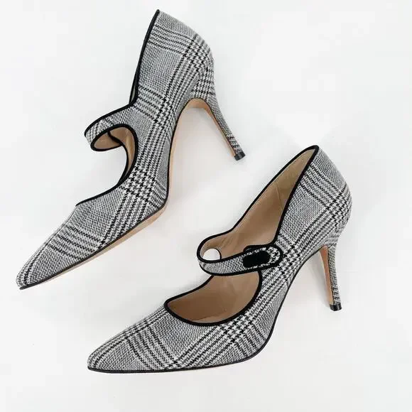 Manolo Blahnik Campari Houndstooth Wool Black Trim Mary Jane Heels Pumps IT 37.5 - Picture 4 of 11